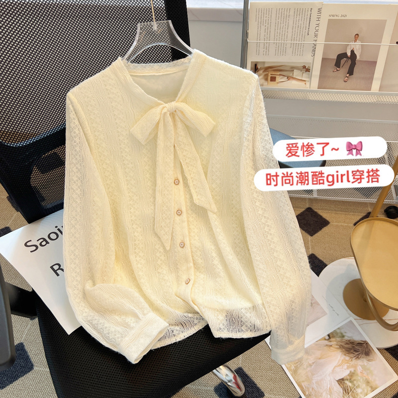 系带蝴蝶结蕾丝衫长袖衬衫秋冬减龄气质内搭洋气小衫上衣杏|undefined