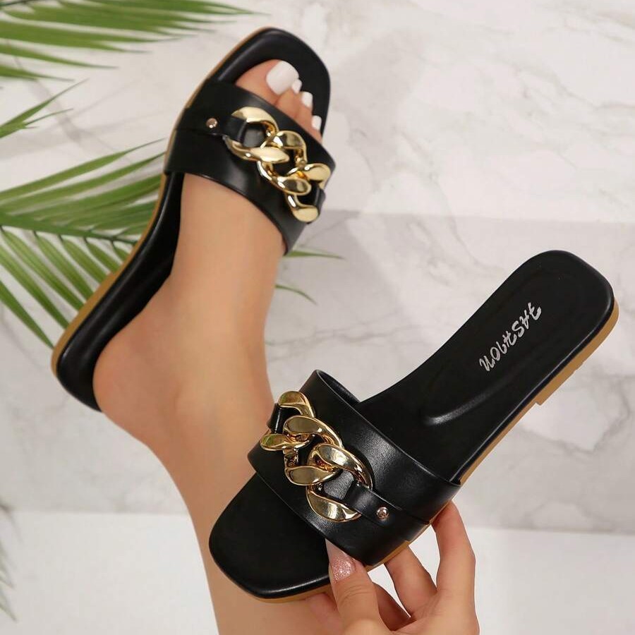 Zapatillas Planas de Punta Cuadrada para Mujer de PU con Decoración de Metal para Uso Diario