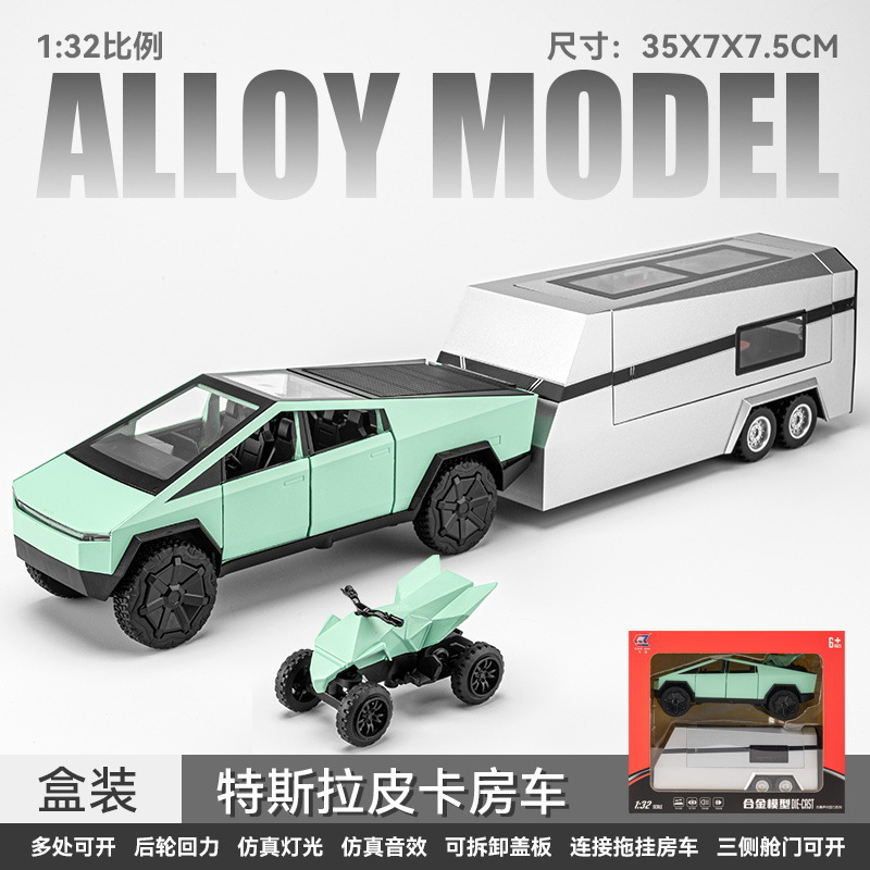 Modelo de coche de aleación de coche 1:32 Tesla pickup remolque RV tire hacia atrás con sonido y luz modelo de coche de juguete adornos