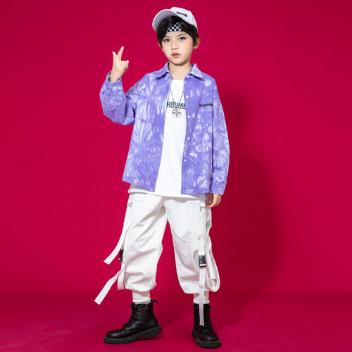 Children girls boys Purple hip-hop Rapper street dance costumes boys and girls hip hop Gogo dancers dance outfits children's model catwalk performance clothes