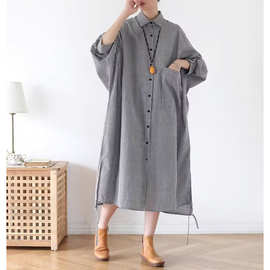 春季宽松大码长款条纹衬衫女装长袖文艺衬衫裙潮