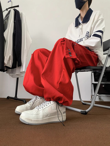 American street work pants for men and women, autumn and winter casual loose color-blocking pocket straight-leg tie-up wide-leg long pants, trendy