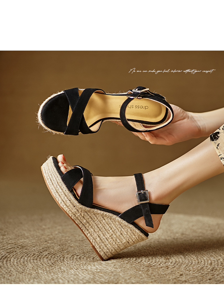 Sandal cao gót nữ đế xuồng đan rơm hở mũi quai chéo – gót 9 cm — màu đen, màu mơ chi tiết 7