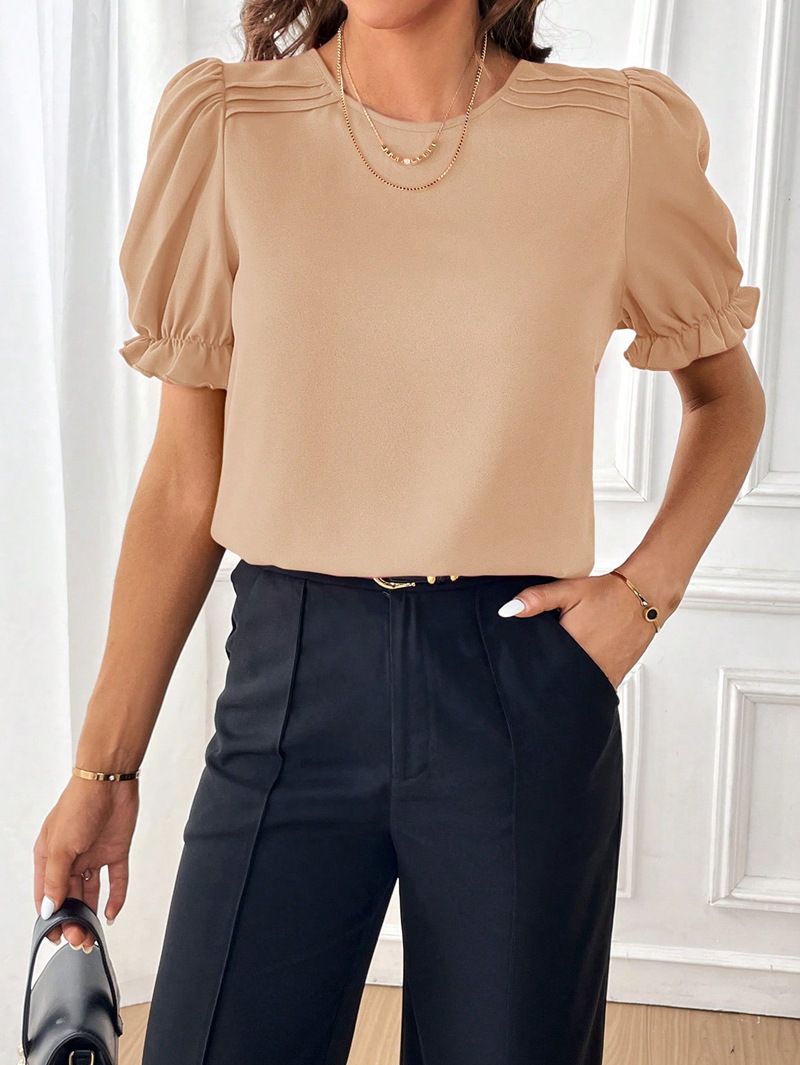 203g Weight Short Sleeve Sleeve Length Pullovers Placket Type Bishop Sleeve Sleeve Type Polyester Fabric Type Regular Top Length Blouse Tops Type Daily Occasion Round Neck Neckline Regular Fit Fit Type Solid Color Pattern Summer, Spring Season Women's Gender Elegant, Streetwear Style Wholesale Women's Elegant Streetwear Solid Color Short Sleeve Blouses 32