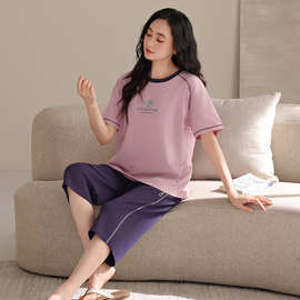 纯棉女士短袖七分裤套头睡衣休闲妈妈妇女全棉可外穿短袖家居服夏