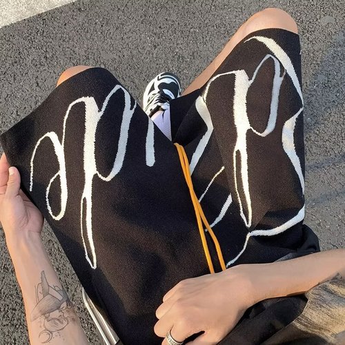 American street fashion brand knit letter jacquard five-pocket pants summer thin loose casual drawstring woolen shorts for men
