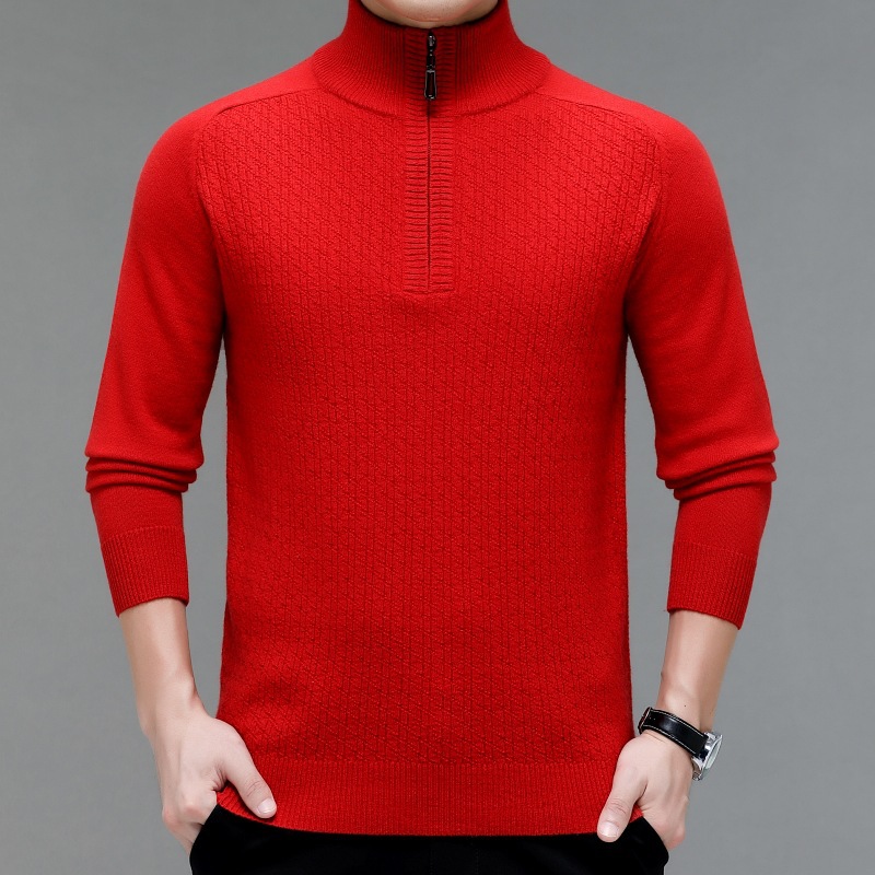 Men's demi-season solid color woolen knitted sweater with zipper