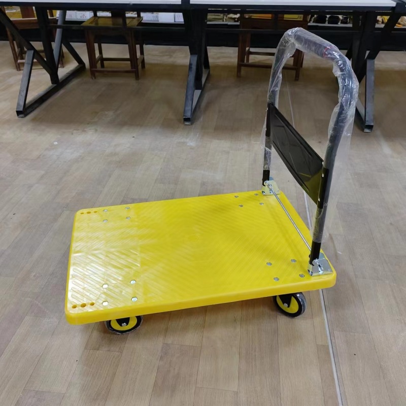 Carro de plástico, remolque de carga plano, plegable 60*90, tablero de plástico amarillo, doble refuerzo, una pieza, 2 carros