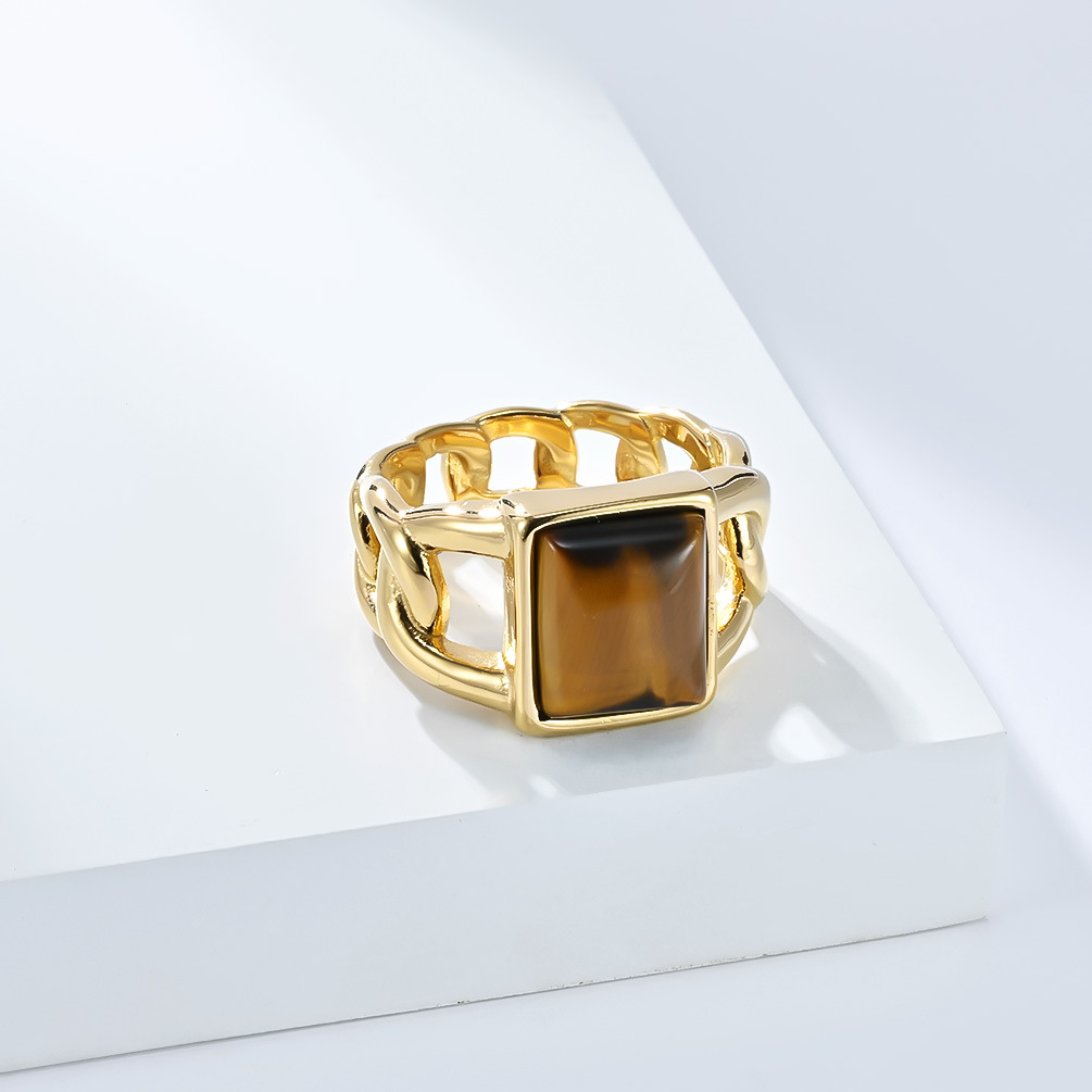 Herren Tigerauge Edelstein Ring Im Cuban Chain Design Edelstahl_voghion.com