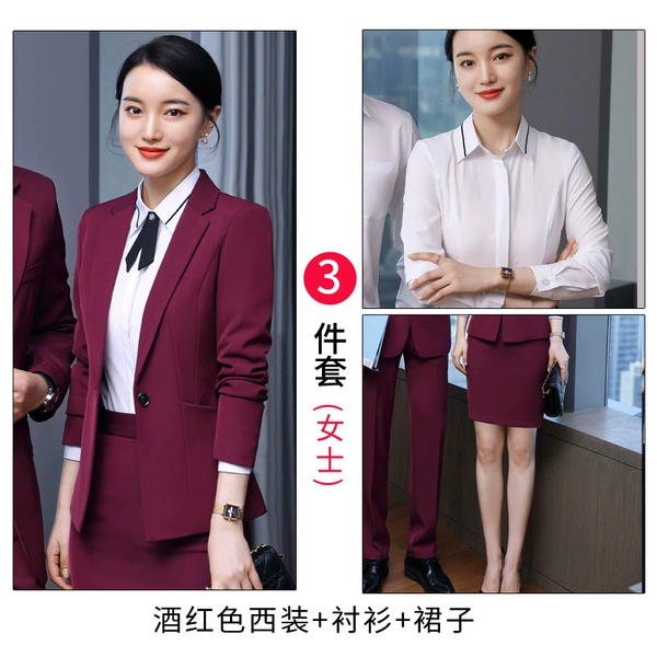 Burgundy suit + shirt + skirt (female)