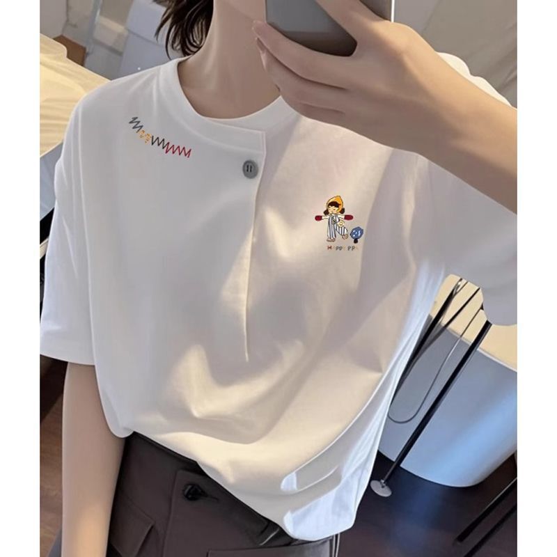 2026 New Style Petite Pure Cotton Regular Shoulder T-Shirt for Women, Short-Sleeved, Summer Design, Niche, Loose, Unique, Super Nice-Looking