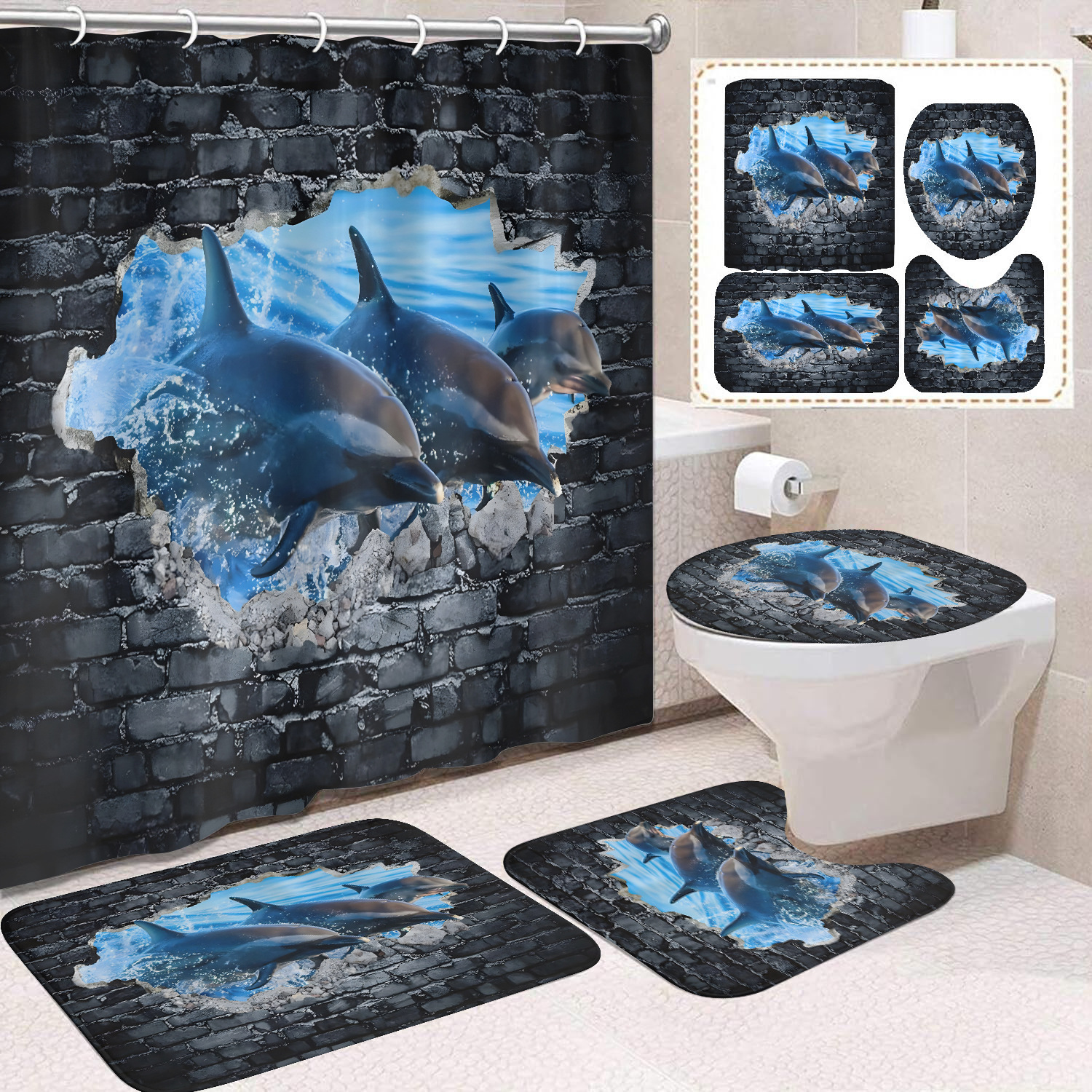 Cortina de ducha transfronteriza con diseño de delfines azules, estampada digitalmente, de poliéster, sin perforaciones, para baño, decoración del hogar image 58