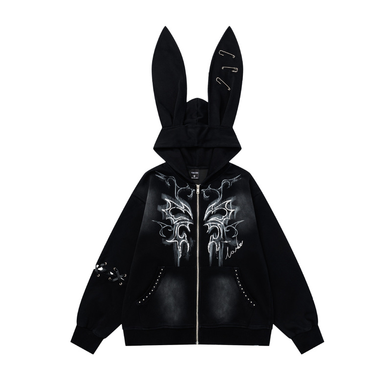 American High Street Pin Graffiti Rabbit Ears Hooded Sweatshirt for Women Autum Subculture Y2K Sweet Cool Cardigan Jacket Trendy