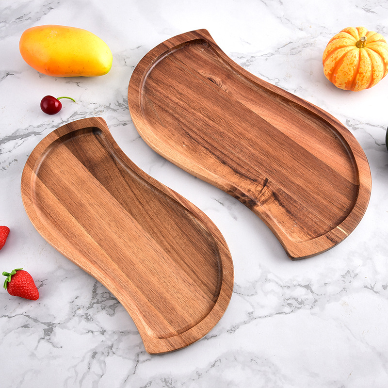 Transfronterizo Acacia madera bandeja de madera sólida bandeja de madera bandeja de té estilo japonés barbacoa snack pastel bandeja en forma de S