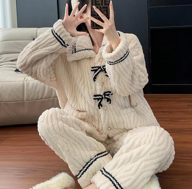 秋冬季珊瑚绒睡衣套装女加绒加厚家居服时尚可外穿法兰绒开衫睡袍|undefined