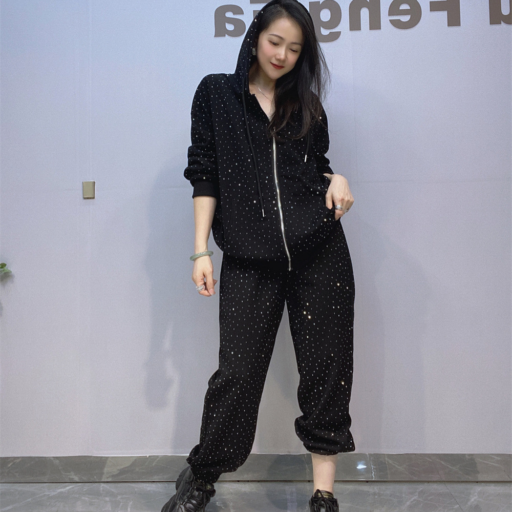 plus size Sports suit Women's Autumn and Winter Zipper Lazy-style Casual Hooded Sweat Full Diamond Pants Two-piece Fashionable Set