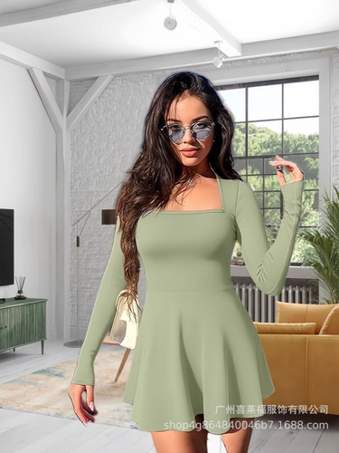 Eurasian cross-border new solid color slimming square neck casual happy party vacation elegant mini sexy dress