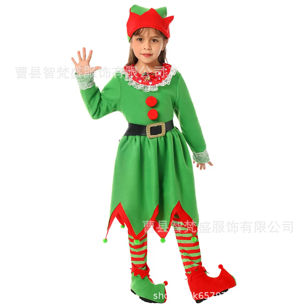 新款儿童圣诞节服装女款连衣裙套装圣诞节Cosplay绿色精灵演出服