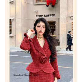 千子小姐 「玫瑰人生」中古春季新年复古红色小香长款鱼尾裙套装