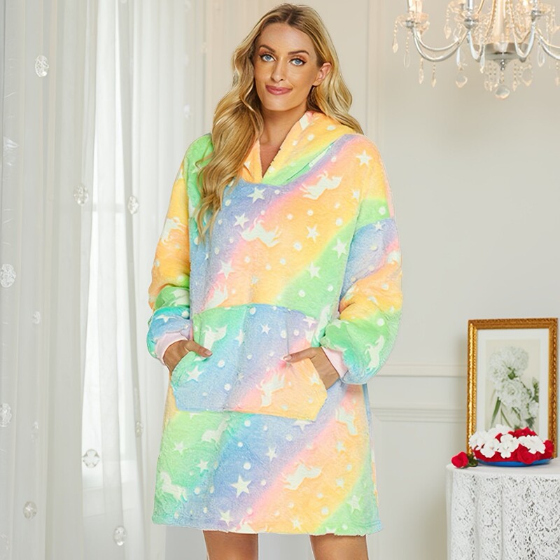 Winter Flannel Composite Hooded Lazy Blanket Women's Nightgown Couple's Home Clothes Luminous Rainbow Horse