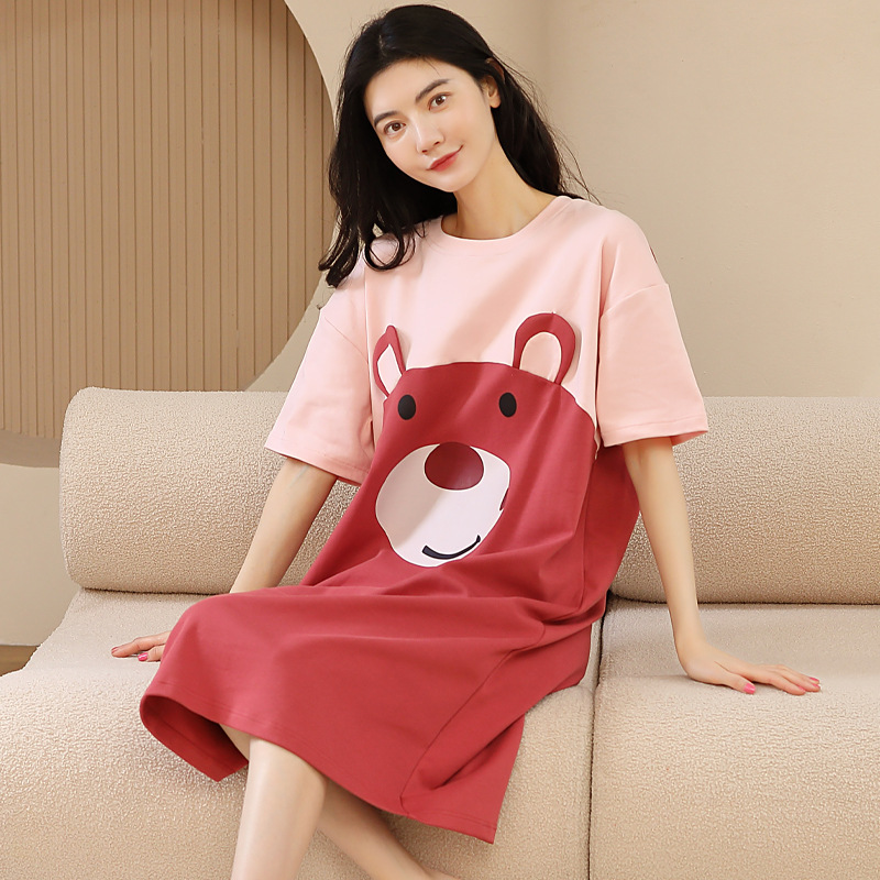2025新款全棉睡裙女夏薄款可爱卡通红色小熊圆领短袖中裙纯棉韩版