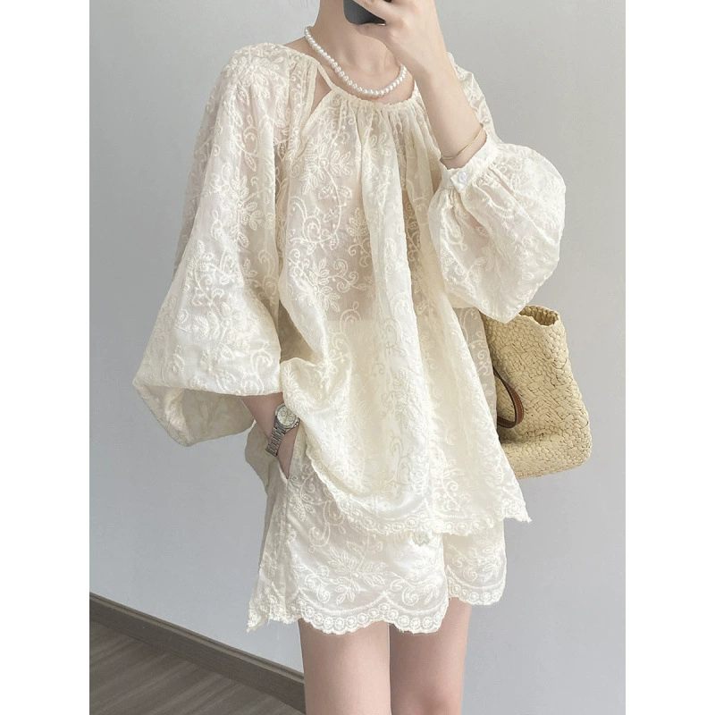 Тинси вышитая солнцезащитная рубашка шорты из двух частей женский свободный летний топ