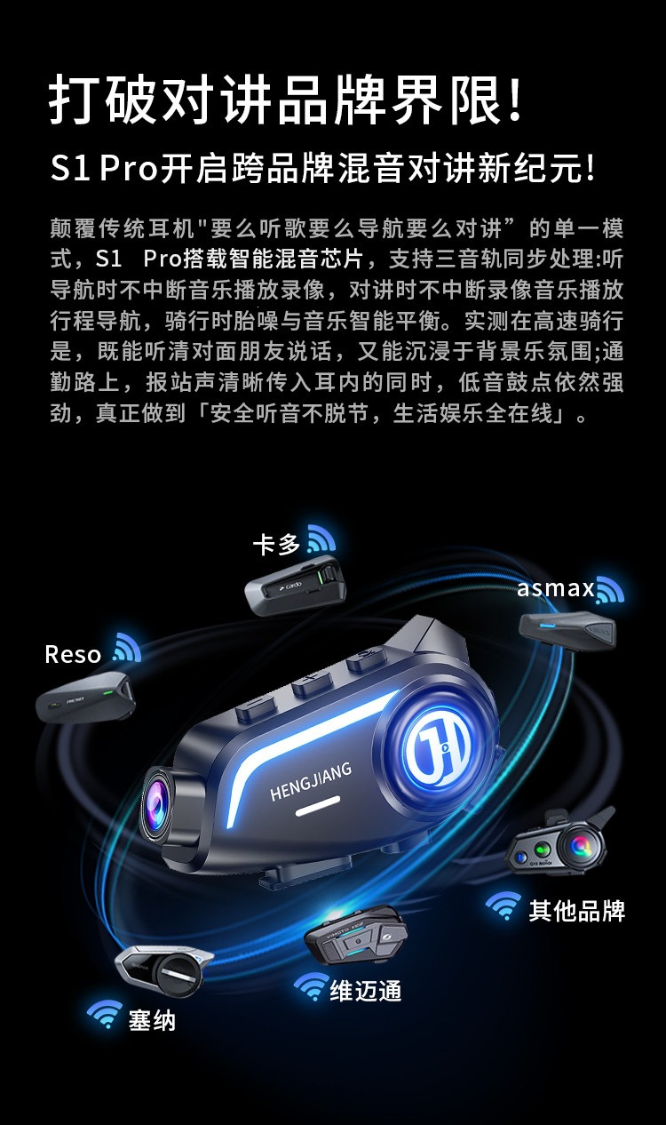 Suitable for Hengjiang S other helmets, Bluetooth headset with integrated camera, music playback, navigation, waterproof, noise reduction, and driving recording