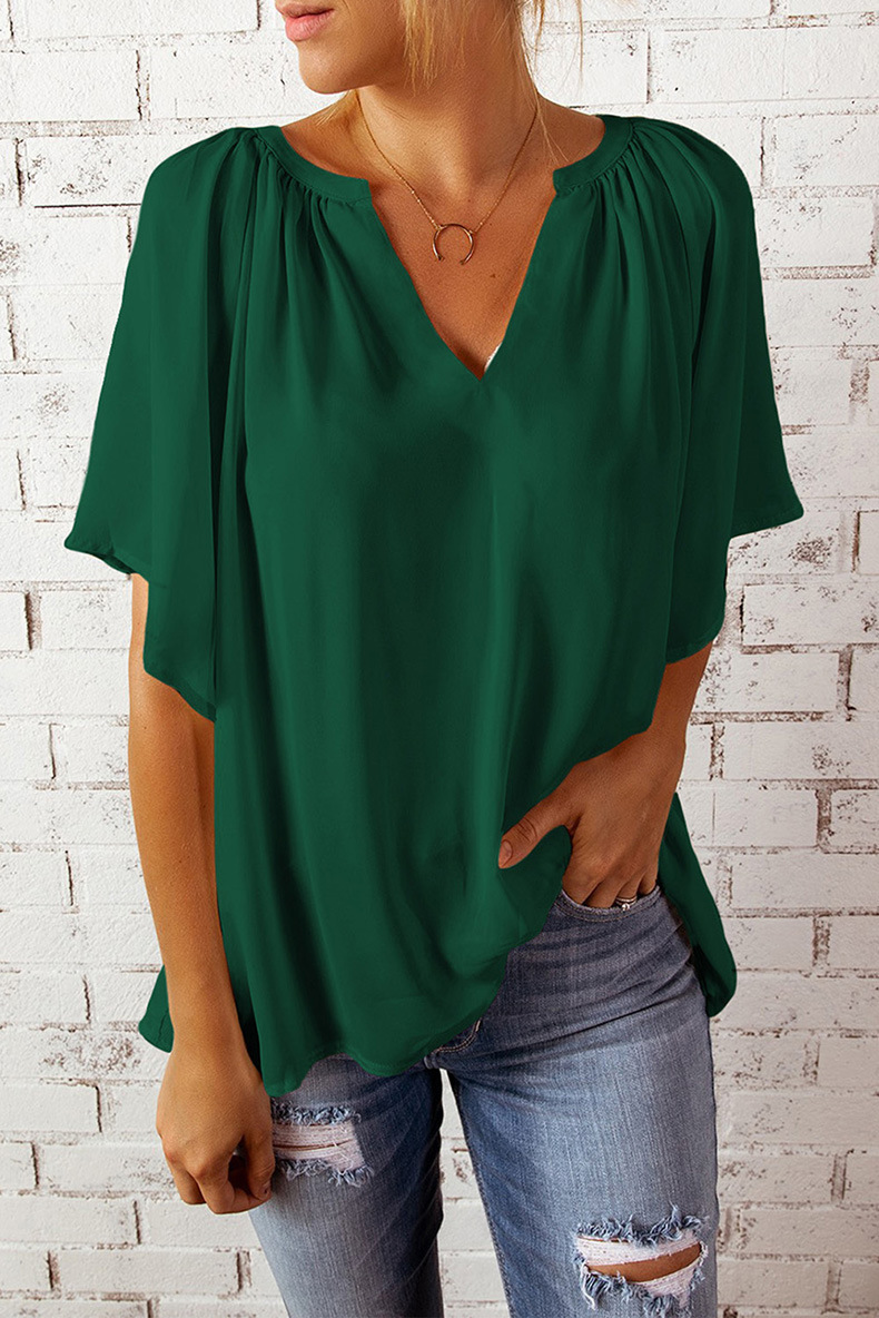 154g Weight Short Sleeve Sleeve Length Pullovers Placket Type Regular Sleeve Sleeve Type Chiffon Fabric Type Regular Top Length Chiffon Shirt Tops Type Daily Occasion V Neck Neckline Comfort Function Loose Version Solid Color Pattern Summer Season Women'S Gender Ruffles Design Casual Style Wholesale Women'S Casual Solid Color Short Sleeve Ruffles Blouses