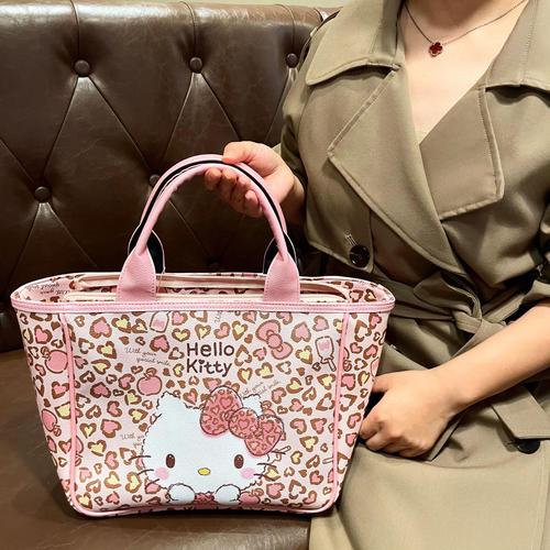 Mist Pink Leopard KT Cat PU Handbag Shoulder Bag Love Girl Heart Large Capacity Commuting Mommy Bag