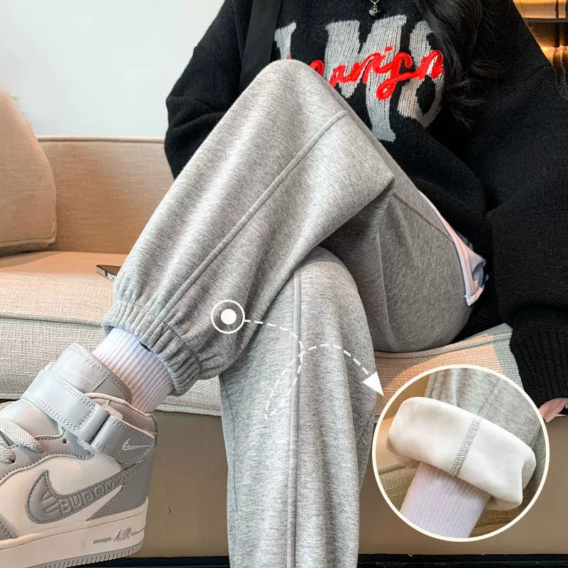 灰色加绒运动裤女秋冬加厚棉裤宽松萝卜哈伦裤休闲小个子束脚卫裤
