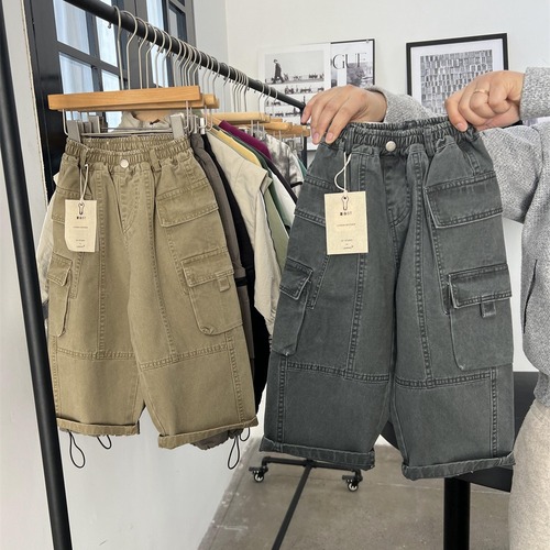 2024 Spring American Style Children's Multi-Pocket Distressed Work Pants for Boys and Girls Retro Straight Leg Skate Pants Trendy