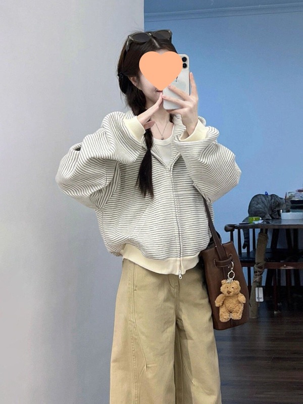 大码胖mm韩系长袖撞色条纹卫衣外套女秋季宽松显瘦慵懒感连帽上衣|undefined