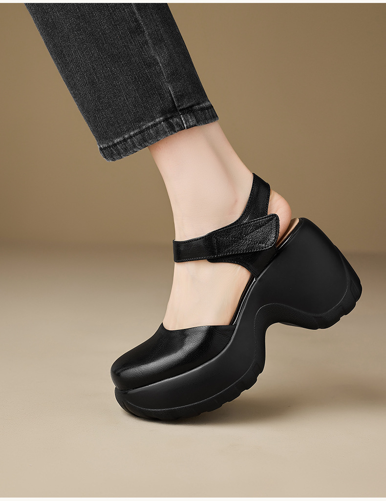 Sandal cao gót nữ hở mũi da thật quai dán, đế platform chống trượt, gót 9 cm — màu đen, màu trắng ngà chi tiết 8