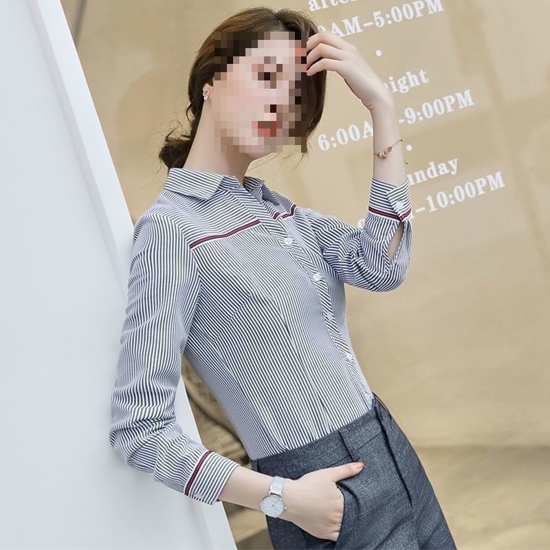 Striped Shirt Women's Long-Sleeved Elegant Chiffon Shirt Restaurant Waiter Work Clothes Spring and Autumn Slim Fit