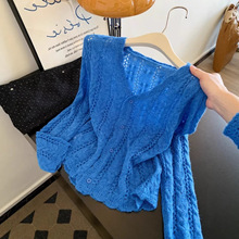 气质镂空长袖V领针织开衫女设计感别致毛衣外套韩系早春穿搭上衣