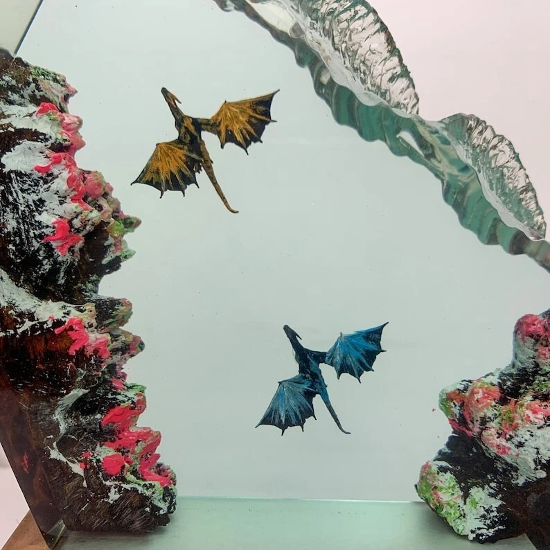 Amor transfronterizo resina epoxi artesanía de madera dragón de fuego y dragón de hielo lámpara de resina para regalos de vacaciones para la familia