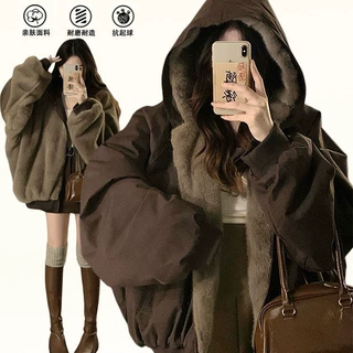大码女装胖mm两面穿复古咖色连帽棉服外套女高级夹克气质拉链上衣