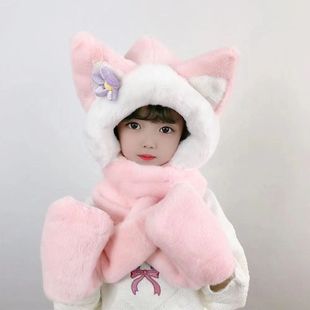Boys and Girls Cute Autumn and Winter Hat Scarf Gloves Three-piece Set fleece-lined Outdoor Baotou Cap Children's One-piece Hat