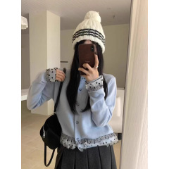 2025秋冬新韩系甜美蕾丝拼色女针织衫开衫宽松慵懒风气质短款上衣