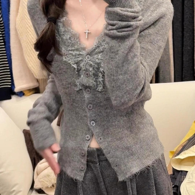 蕾丝花边领针织打底衫女秋冬款洋气内搭小衫高级感针织开衫上衣女|undefined