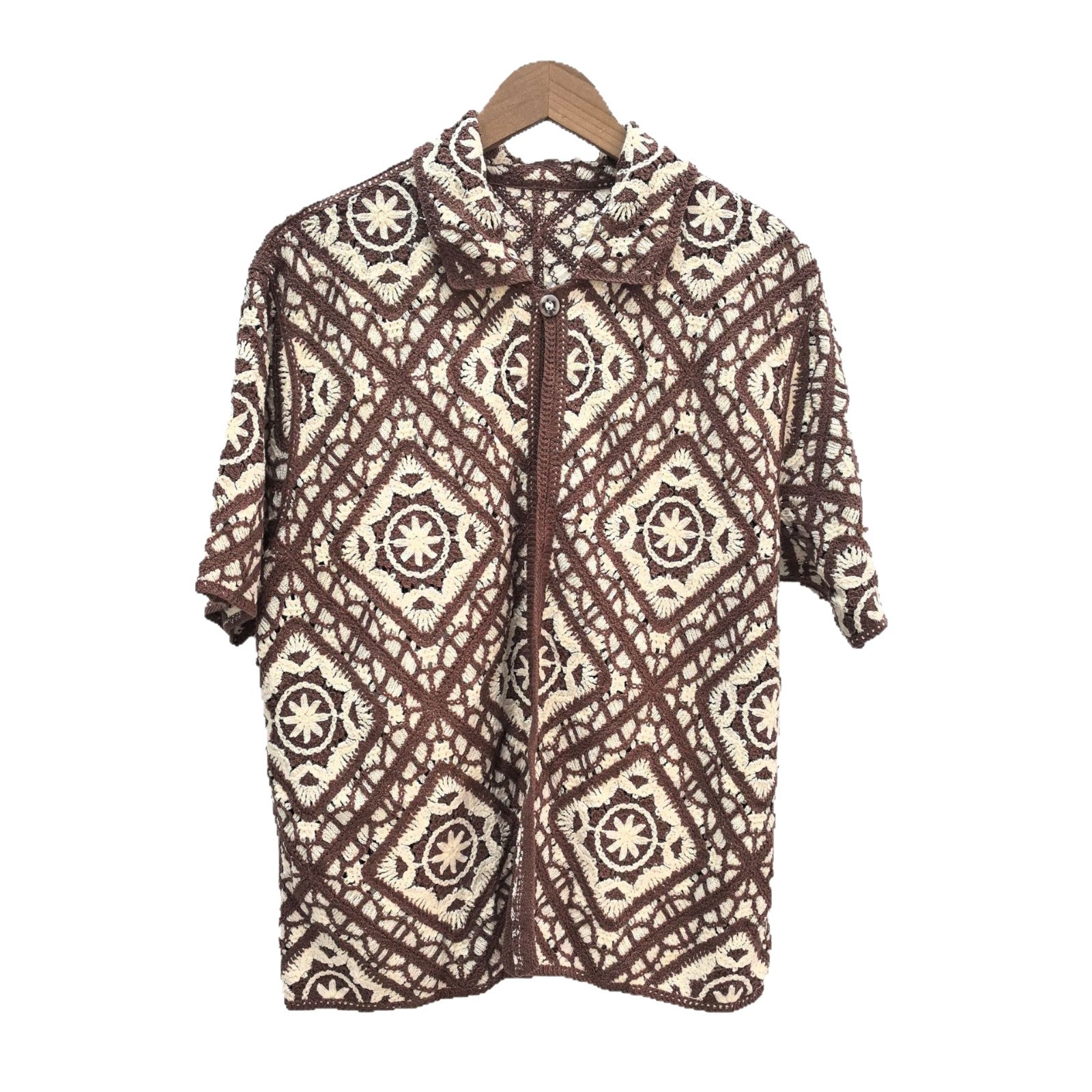 Casual americano suelto camisa de punto de manga corta hombre verano nuevo hueco diseño simple gancho bordado cardián moda