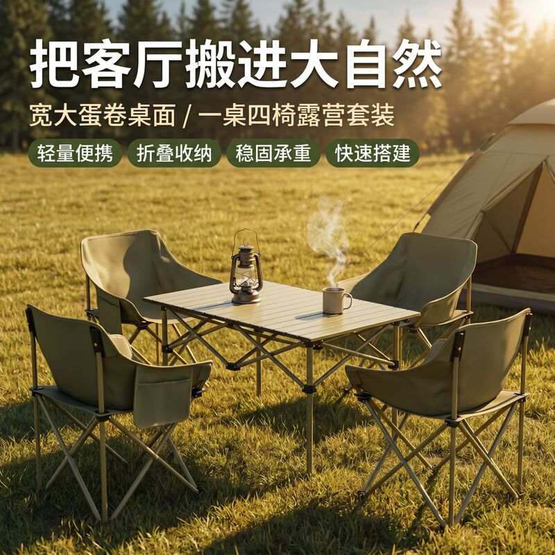 Outdoor Folding Table and Chair Set, Ultra-Light Moon Chair Set, Complete Picnic and Camping Equipment, Household Outdoor Stall Stools Outdoor Folding Table and Chair Set, Ultra-Light Moon Chair Set, Complete Picnic and Camping Equipment, Household Outdoor Stall Stools