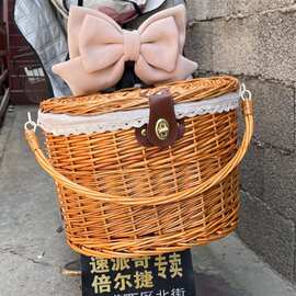 折叠自行车车筐复古编织车筐两用篮子前车筐滑板车前车篓手提菜篮