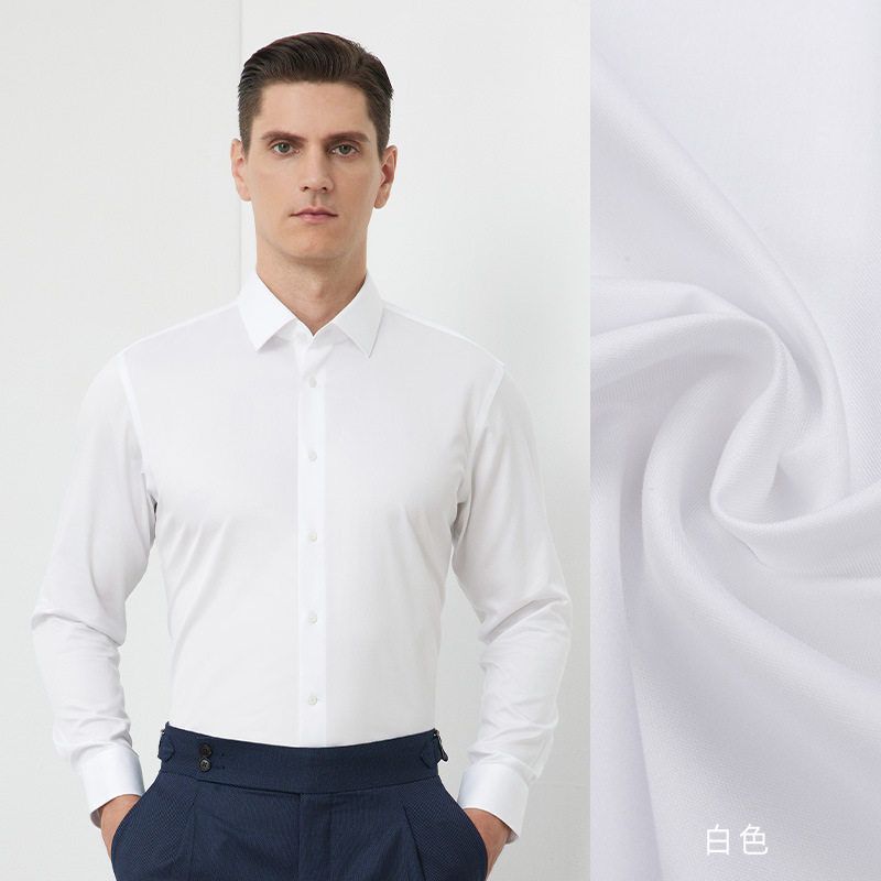 Áo sơ mi nam tay dài công sở chống nhăn không cần là, pha cashmere 15%, form vừa vặn — Màu xanh xám-dài tay-nam-02, Trắng-dài tay-nam-01, Xám-dài tay-nam-03