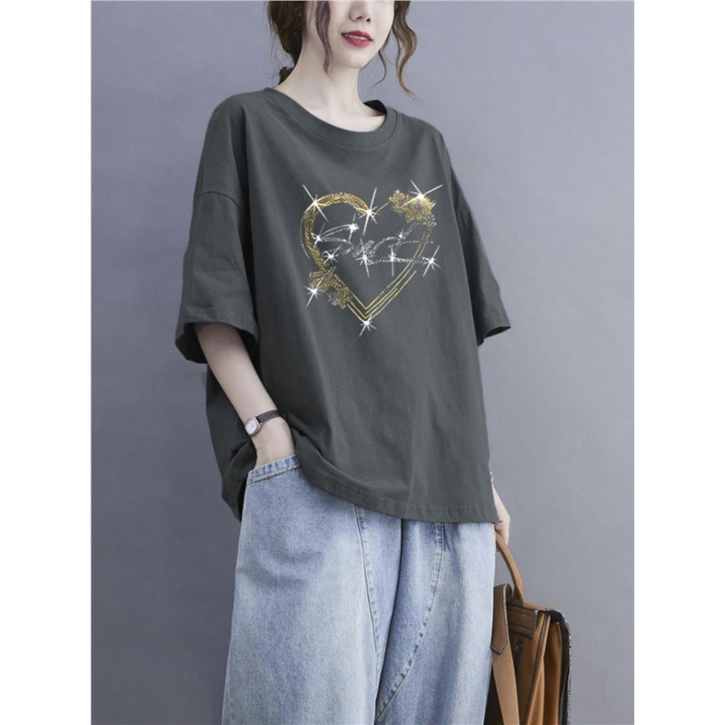 Italian Cut Label Discount Women's New Style 100% High-End Gray Top Short-Sleeved Casual Fashion Short-Sleeved Printed T-Shirt