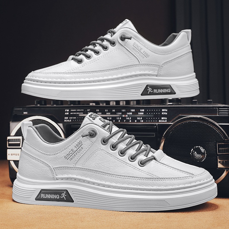 Vyriški bateliai „Board“, balti, skirti studentams, 2024 m. rudens nauji žemi plokščiapadžiai vyriški batai, odiniai sportiniai ir laisvalaikio madingi batai._voghion.com