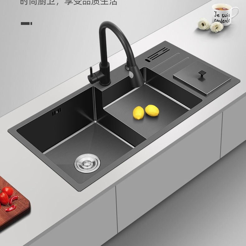 Kitchen handmade multi-functional sink single sink dish washing basin 304 stainless steel large undercounter basin with trash can