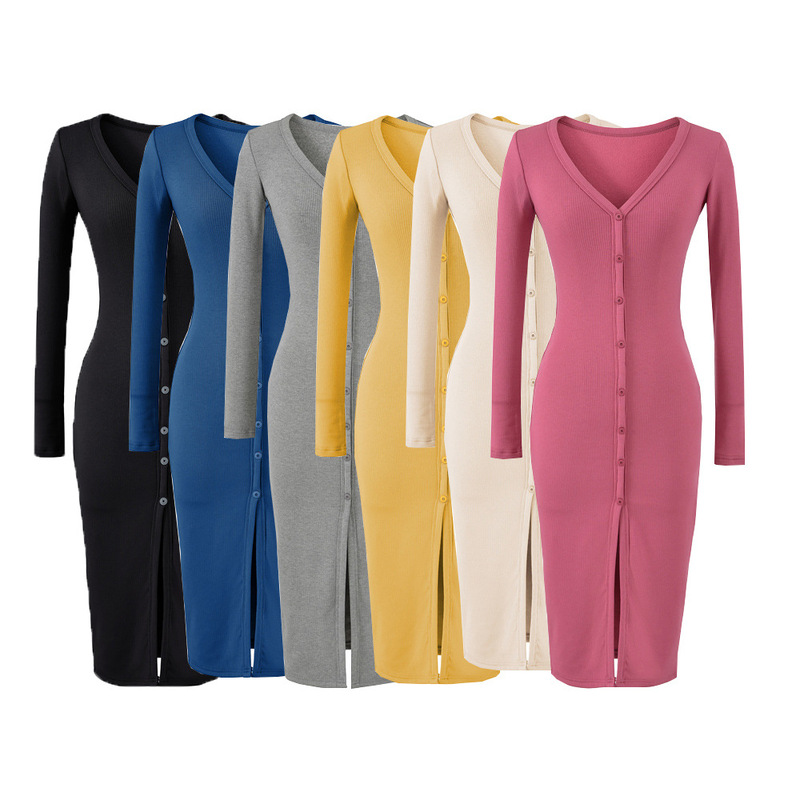 Light Mature Style V-Neck Single-Breasted Brushed Fabric Long-Sleeve Dress for Women, Waist-Cinching, Fitted, Mid-Length Dress