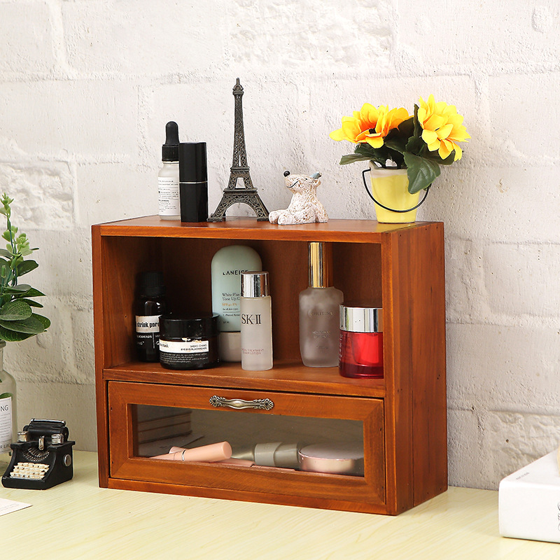 Solid wood retro desktop drawer display shelf cosmetics skin care…