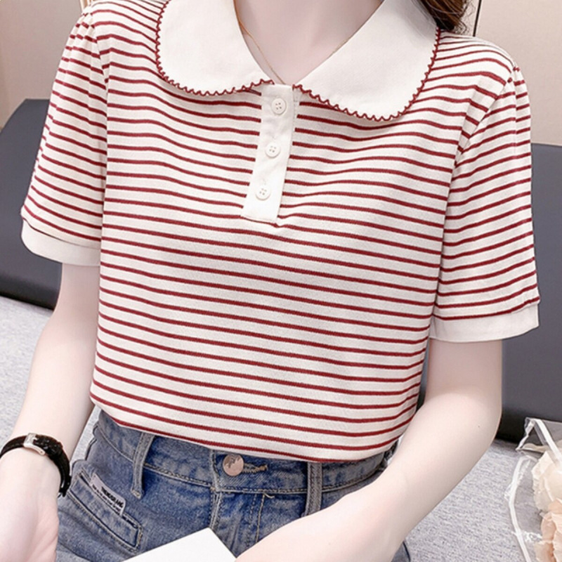 Doll Collar Short-Sleeve T-Shirt for Women, 2026 Summer New Style, Regular Shoulder, Pure Cotton Striped T-Shirt, Stylish Slim-Fit Top Doll Collar Short-Sleeve T-Shirt for Women, 2026 Summer New Style, Regular Shoulder, Pure Cotton Striped T-Shirt, Stylish Slim-Fit Top